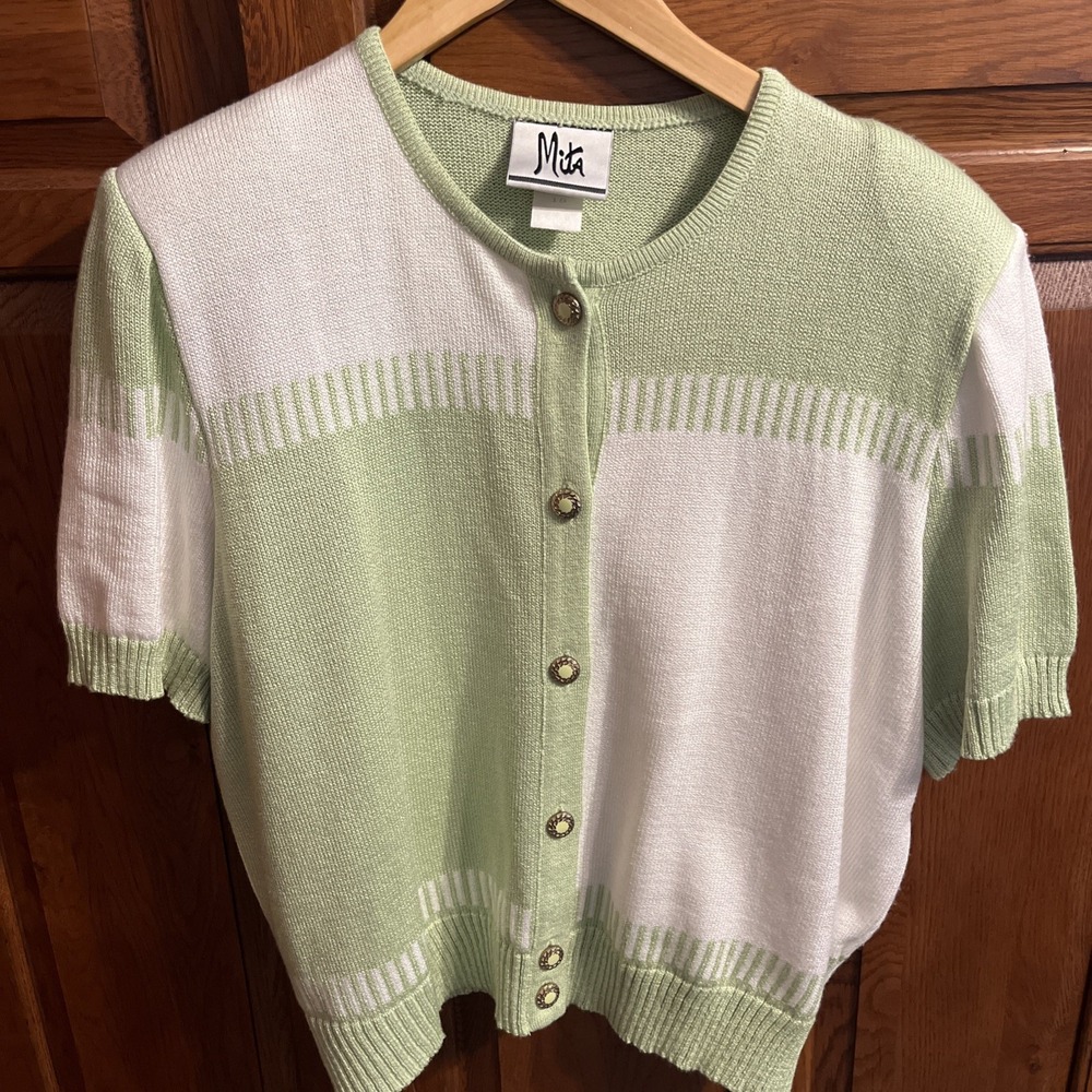 80's VTG Sz 18  Knit Pretty Green White 2pc Sweater Skirt Suit Mita